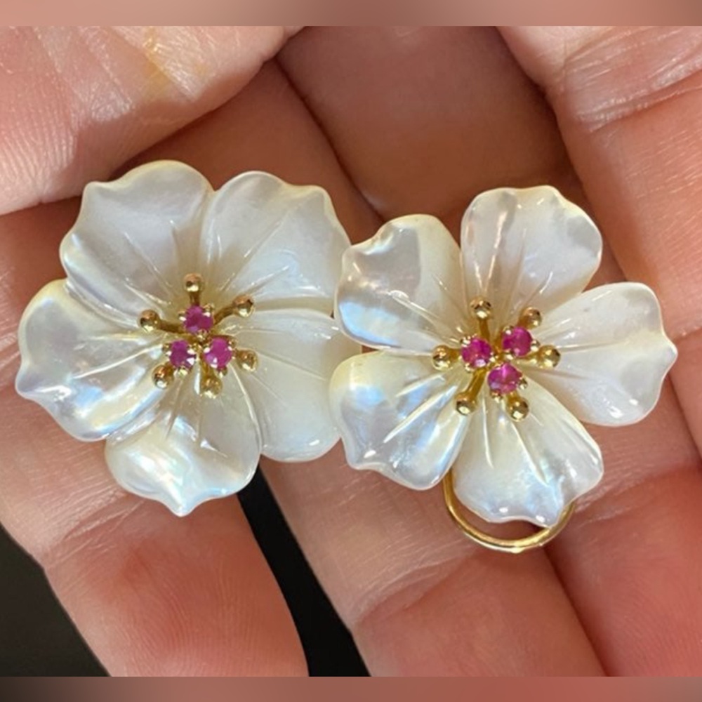 14k Mother of Pearl Floral Earrings Genuine Ruby accents Omega Backs in 14k